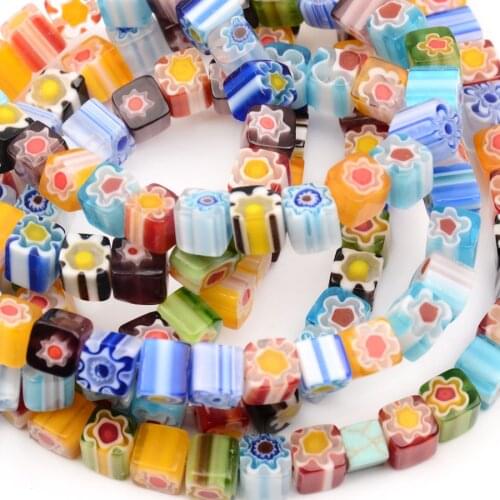 Cube Colorful Flower Pattern Glass Beads Lampwork Glazed Beads Square Loose Spacer Beads DIY Bracelet Necklace Jewelry Making