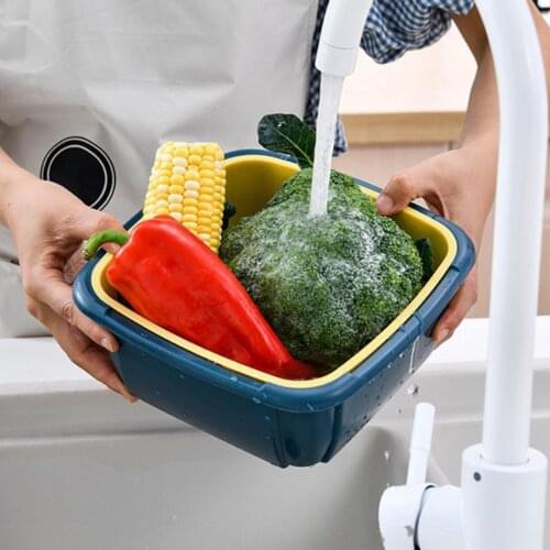 Double-Layer Drain Basket Lid Refrigerator Crisper Multifunctional Square Large Size Washing Vegetable Basket Kitchen Organizer