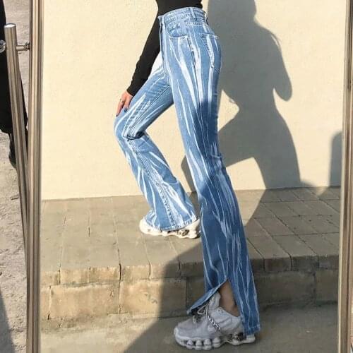 Blue graffiti print split jeans women loose casual all-match personality fried street pants women spring and autumn models