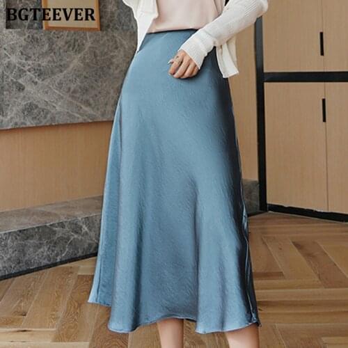 BGTEEVER Elegant Satin Women Midi Skirts Office Wear Elastic Waist Luxury Solid A-line Female Skirts Summer 2020