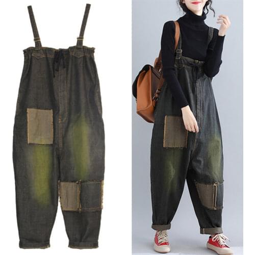 European Fashion Patch Spring Female Washed Denim Overalls Ladies Vintage Casual Jeans Women Loose Trousers Plus Size