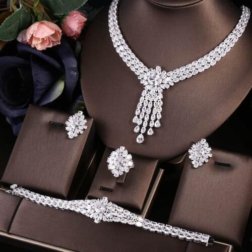 Jankelly Nigeria 4pcs Bridal Zirconia Jewelry Sets For Women Party, Luxury Dubai Nigeria CZ Crystal Wedding Jewelry Sets
