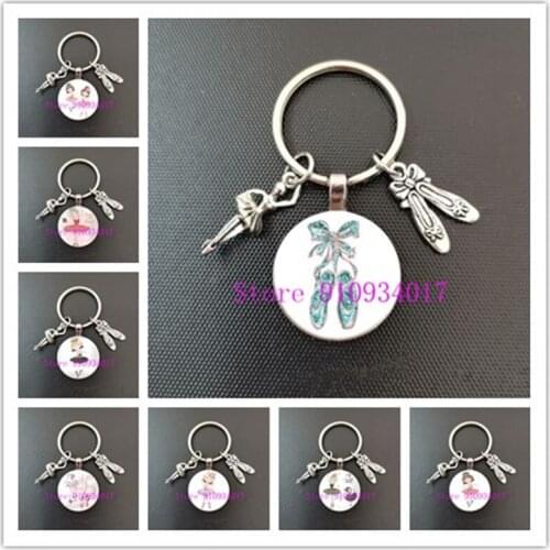 Creative cartoon dancing girl round glass keychain ballet shoes pendant key ring gift ballet girl round glass keychain
