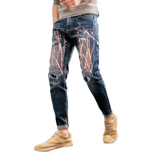 Free Shipping New 2020 mens male American jeans spring hole graffiti jeans brand pants Korean elastic trousers