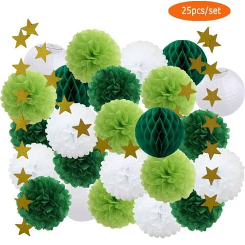 Summer Party Favor 8” Green Pink Blue Set Paper Crafts Christmas EID Decor White Round Paper Lantern Gold Stars Glitter Banner