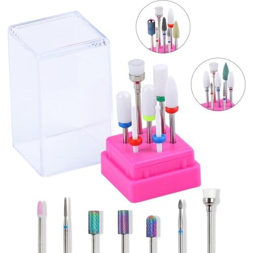 Nail Drill Bit Set 7 Pcs Tungsten Carbide Mix Milling Cutter for Manicure 3/32" Cutters with Drill Bits File Holder Nail Art