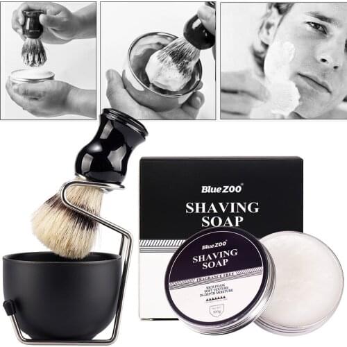 4pcs Men Shaving Brush Set Complete Shaving Kit Beard Care Tools (100g Shaving Soap,Stainless Steel Bowl,shaving Brush,stand)