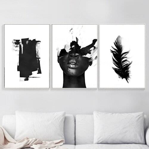 Wall Art Canvas Painting Feather Girl Black White Abstract Nordic Posters And prints Wall Pictures For Living Room Decoration