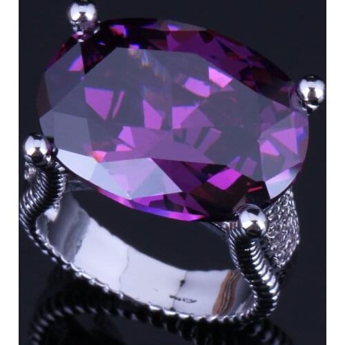Fancy Huge Oval Egg Purple Cubic Zirconia Silver Plated Ring V0575