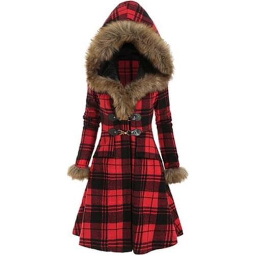 2020 New Winter Warm Hooded Outwear Slim Plaid Long Seleeve Jackets Women Elegant Horn Button Cotton Female Fashion Top