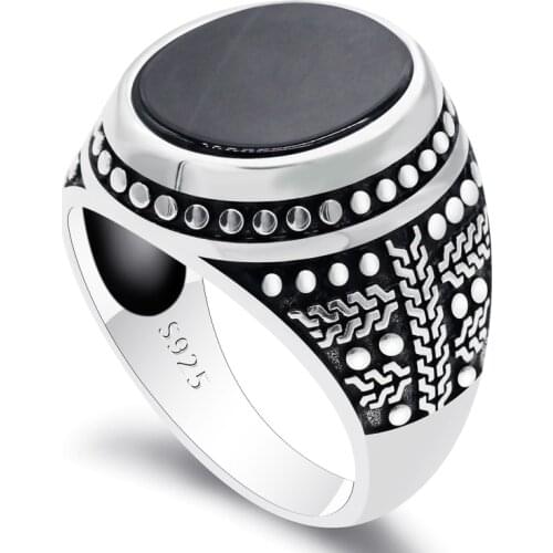 New 925 Sterling Silver Mens Ring With Flat Natural Black Agate Ring Claw Stacked Agate Stone Male Turkish Wedding Ring Jewelry