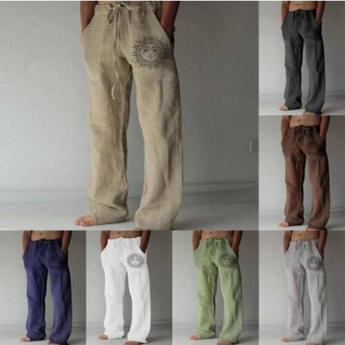 2021 Fall New Products Mens Pocket Printing Loose Straight Pants Cotton and Linen Drawstring Sports Casual Pants