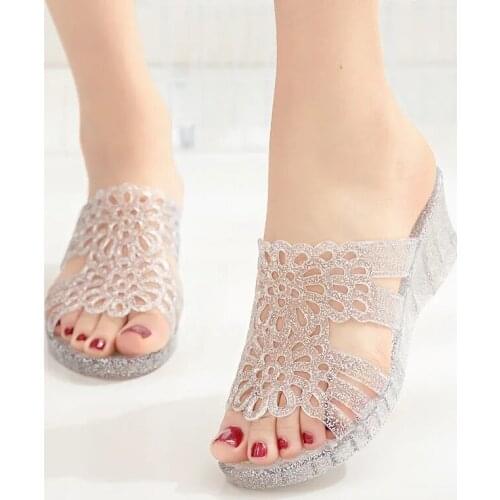 Summer new crystal thick-soled wedges sandals trend open-toed jelly beach womens high-heeled non-slip sandals and slippers