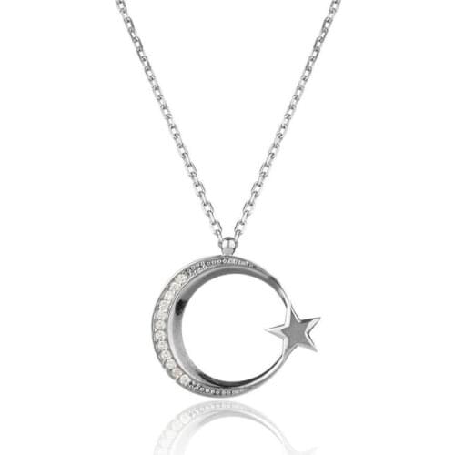 Crescent Star Model Women Necklace Zircon Gemstone Women Silver Necklace Turkish Women Necklace 925 Sterling Silver