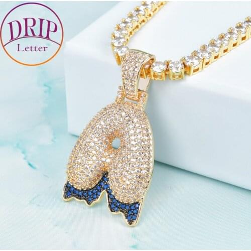 Single Bubble Letters With Blue Color Dripping Pendant For Men Women Gold Color Cubic Zircon Necklaces Hip Hop Jewelry