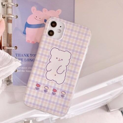Simple Korea lattice bear flower art cute Phone case For coque iPhone 11 Pro Max XR X Xs Xsmax 7 8 Plus Case Silicone Cover Capa