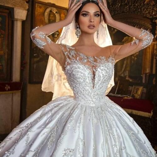 Retro A Line Wedding Dresses Beading Sequins Long Sleeve Satin Bridal Gowns Custom Made vestido de novia