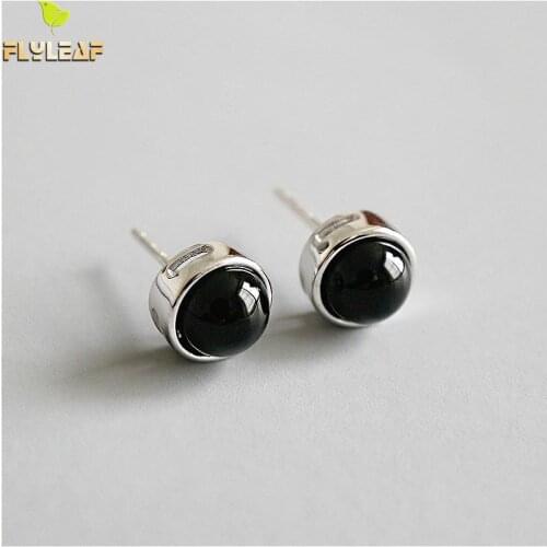 Flyleaf 925 Sterling Silver Round Black Onyx Stud Earrings For Women Personality Simple Earings Fashion Jewelry High Quality