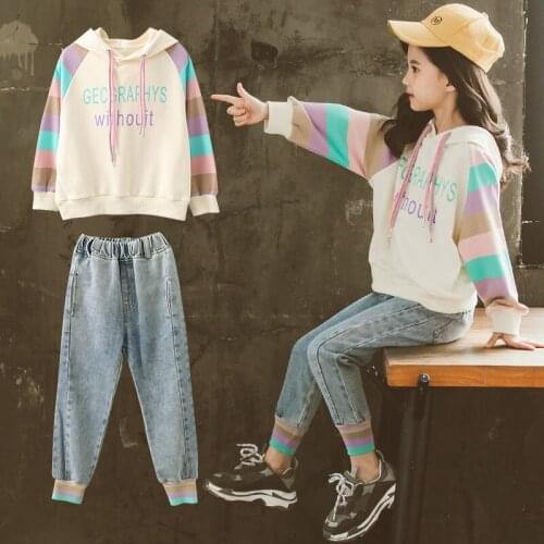 Spring Fall Teenage Girls Hoodies Outfits 2020 Casual Loose Sweatshirts and Jeans Trousers Clothes Set Kids Baby Sport Suit 12Y