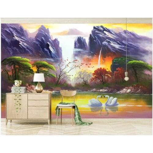 WDBH Custom photo mural 3d wallpaper European oil painting idyllic forest swan scenery 3d wall mural wallpaper for living room