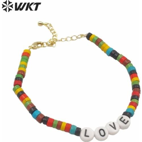 WT-MPB009 Vintage Colorful Bead Bracelet With Letter Resin Charm Lobster Clasp Closure space bead bracelet
