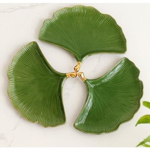 Green light luxury ginkgo leaf ceramic plate home breakfast Western food hotel dessert steak plate hand painted gold edge