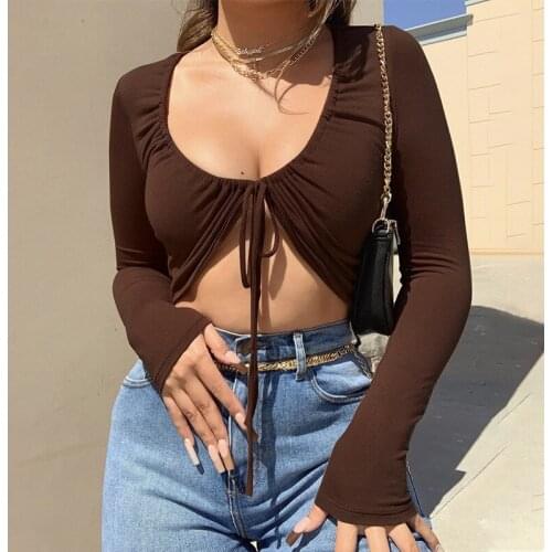 2021 High Fashion Ladies Pleated Ruched Lace Up Mini Cropped Top Streetwear Spring Summer Y2K Long Sleeve Solid Sexy Basic Tees
