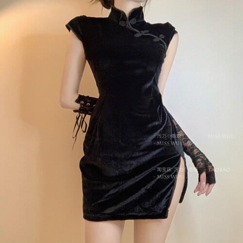 Diablo Girls Style Clothing Retro Short Sleeve Hem Split Punk Velvet Chinese Sexy Cosplay Cheongsam Skirt Slimming Night Dress