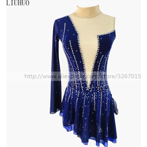 Figure Skating Dress Customized Competition Ice Skating Skirt for Girl Women Kids Royal blue White blue shiny rhinestone
