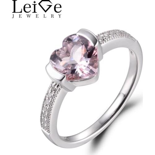 LeiGe Jewelry Heart Shape Natural Pink Morganite Wedding Rings Pink Gemstone Solid 925 Sterling Silver Romantic Gifts for Women