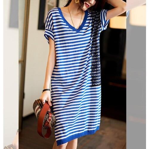Spring And Summer New Large Size V-Neck Loose Striped Dress Female Lace Slimming T-Shirt Skirt