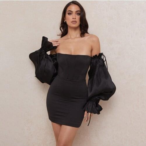Female Dress, Solid Color Boat Neck Long Puff Sleeve One-Piece Off Shoulder Dress for Summer, White/Black, S/M/L/XL