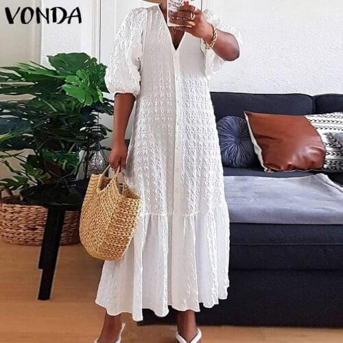 Women Shirt Dress 2021 VONDA Casual Half Sleeve V Neck Party Maxi Long Dresses Summer Bohemian Vestidos Robe Femme