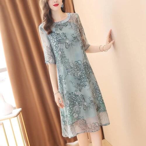 2021 New Fashion Elegant Womens Chiffon Print Dress Female Casual Style Summer O-Neck Artificial Silk Dresses