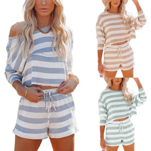 1 Set Women Outfit Horizontal Stripes Drawstring Lady Round Neck Long Sleeve Sweatshirt Shorts Set for Daily Wear