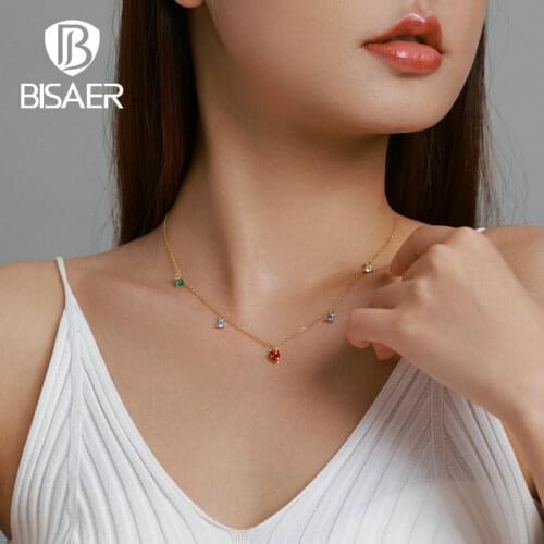 BISAER 925 Sterling Silver Gold Rainbow Corlorful Zircon Pendant Necklace 2021 Elegant Fashion Fine Jewelry EFN234