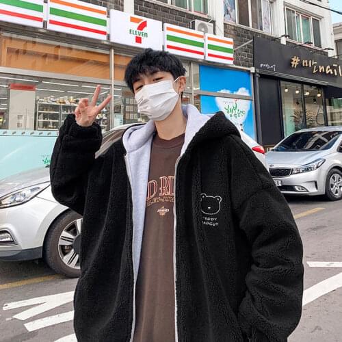 Spring Autumn Mens Jackets Fashion Streetwear Cartoons Warm Velvet Cashmere Casual Double Sided Lovers Clothing Hooded Coat