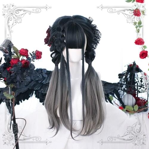 Gradual Black Dark Gray Kawaii Lolita Wig Harajuku Long Straight Hair Adult Chic Girls Women Witch Cosplay Daily Wear
