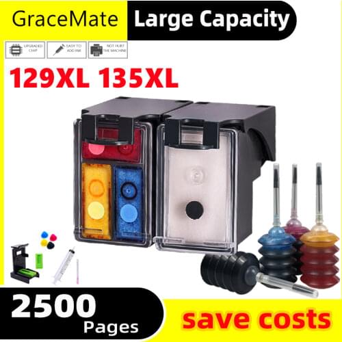 GraceMate 129 135 Refillable Ink Cartridge Replacement for hp 129xl 135xl for Photosmart C4140 C4150 C4173 C4180 4190 Printer