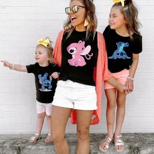 Kawaii Disney Stitch Print Daddy Mommy and Me Clothes Summer Short Sleeves Cool T-shirts Baby Girls Boys Family Matching Tshirts
