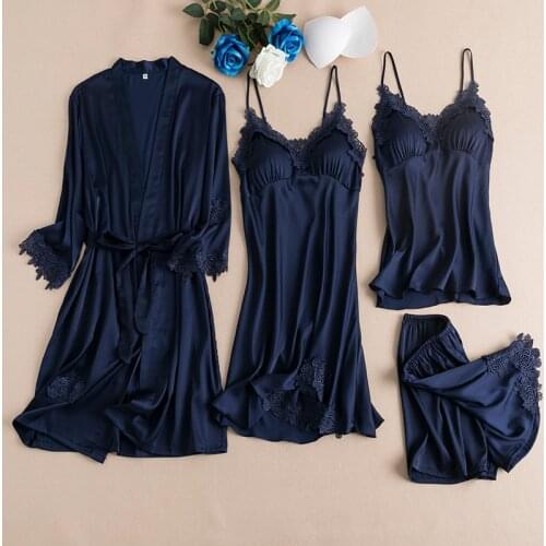 4PCS Nightwear Sleep Set Navy Blue Women Pajamas Suit Sleepwear Kimono Robe Spring Lingerie Lace Nightshirts Bathrobe Homewear