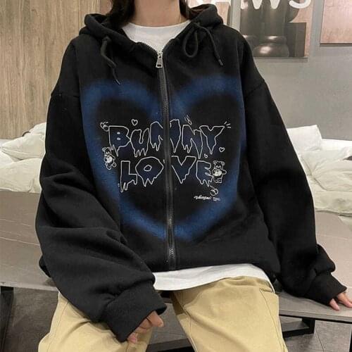 Jacket Sweatshirt Fashion Winter Womens Clothing 2021 Ins Cartoon Print Hoodie Black Grunge Long Sleeve Zipper Hoodie Goth Top