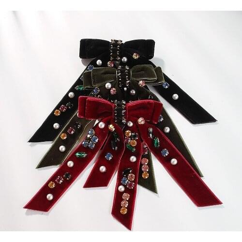 Fashion Long Ribbon Hairpins Rhinestone Imitation Pearls Hairpin Ladies Velvet Bowknot Barrette Hair Clip Handmade Headdress