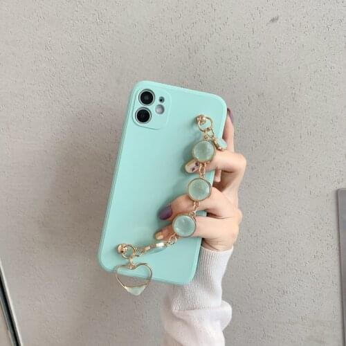 Mint Square Silicone Case for iPhone 12 Pro Max XR X XS 7 8 Plus Luxury Gold Plated jade Bracelet Hand Holder Cover 11 SE 2020