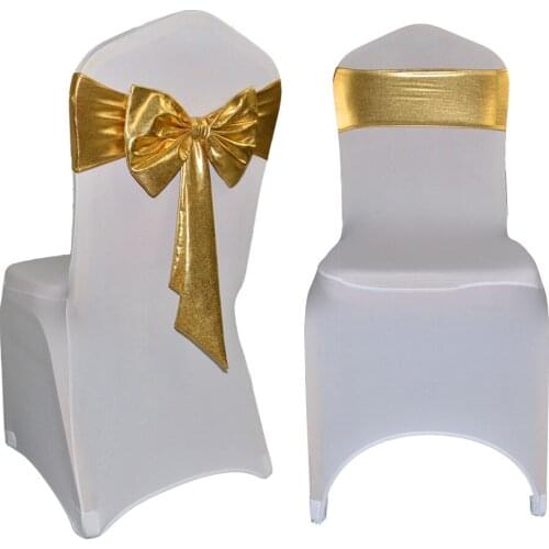 New 100pcs/lot Top Grade Europe Luxury Gold/Silver Stretch Lycra Chair Bow Tie Band Sash For Wedding Party Decoration Customized