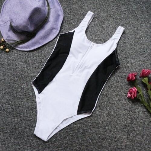 Sexy One Piece Black And White Patchwork Swimwear Women Zipper Front Swimsuits 2021 Monokini High Waist Beachwear Bathing Suits