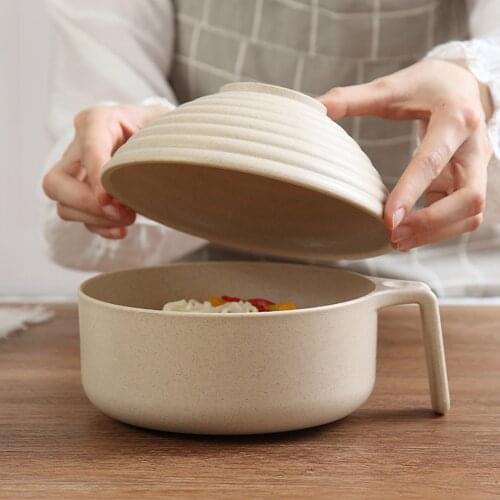 Wheat Straw Instant Noodle Home Kitchen Dessert Salad Degradable With Lid Handle Large Unbreakable Cutlery Student Bowl Set