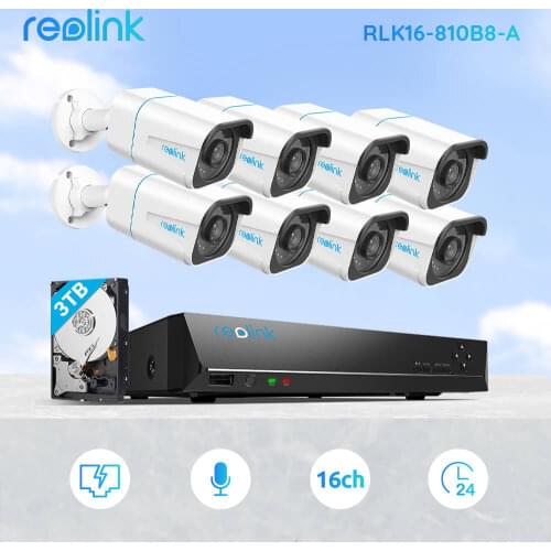 Reolink RLK16-810B8-A 4K NVR Kit PoE Human/Car Detection 24/7 Recording 3TB HDD 8MP Ultra HD Bullet Smart Home Security System