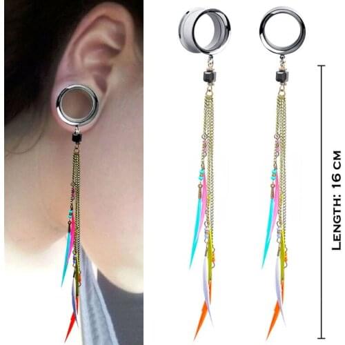 2Pieces Ear Piercing Surgical Steel Body Jewelery Earrings Ear Plugs Tunnels Ear Expansions Ear Reamer Feather Tassel Dangle