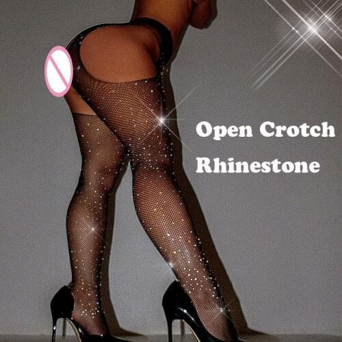 Shengrenmei Sexy Stockings Rhinestone Women Collant Femme Lenceria Fishnet Tights Open Crotch Shiny Pantyhose Medias De Mujer